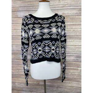Adam Levine Womens Medium Cropped Sweater Long Sleeve Boho Ikat Black Cream